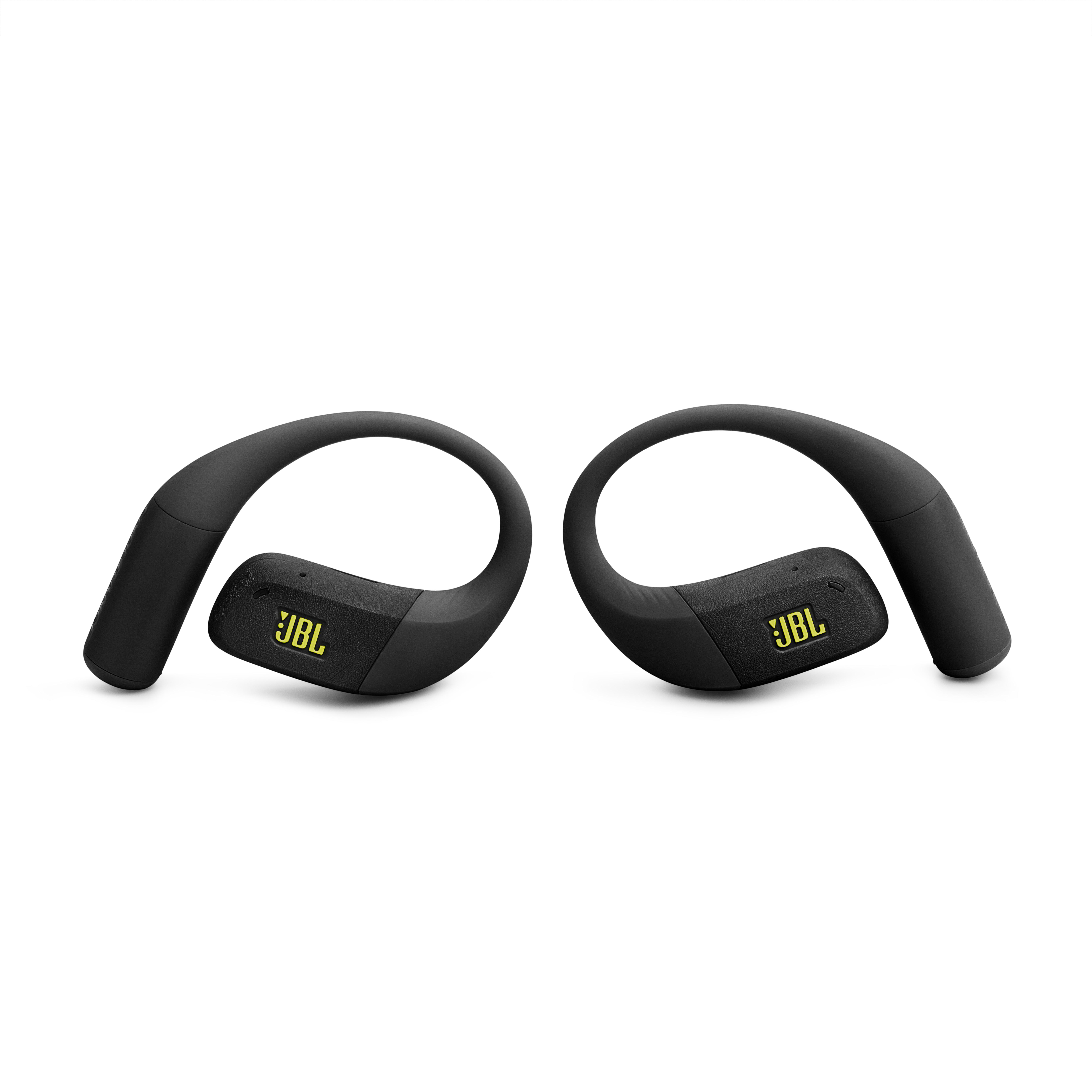 Zwei schwarze JBL-Kopfhörer mit gelben Logos auf weißem Hintergrund. Das Design ist ergonomisch und modern.