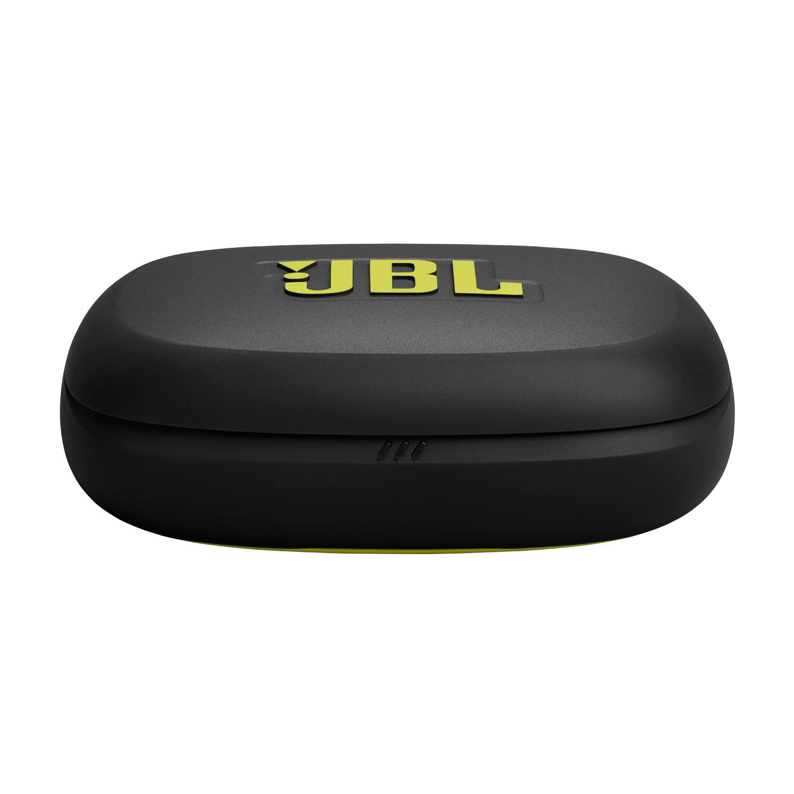 Schwarzes JBL-Ohrhörer-Etui mit gelben Akzenten und Logo. Das Etui ist oval und vor weißem Hintergrund.