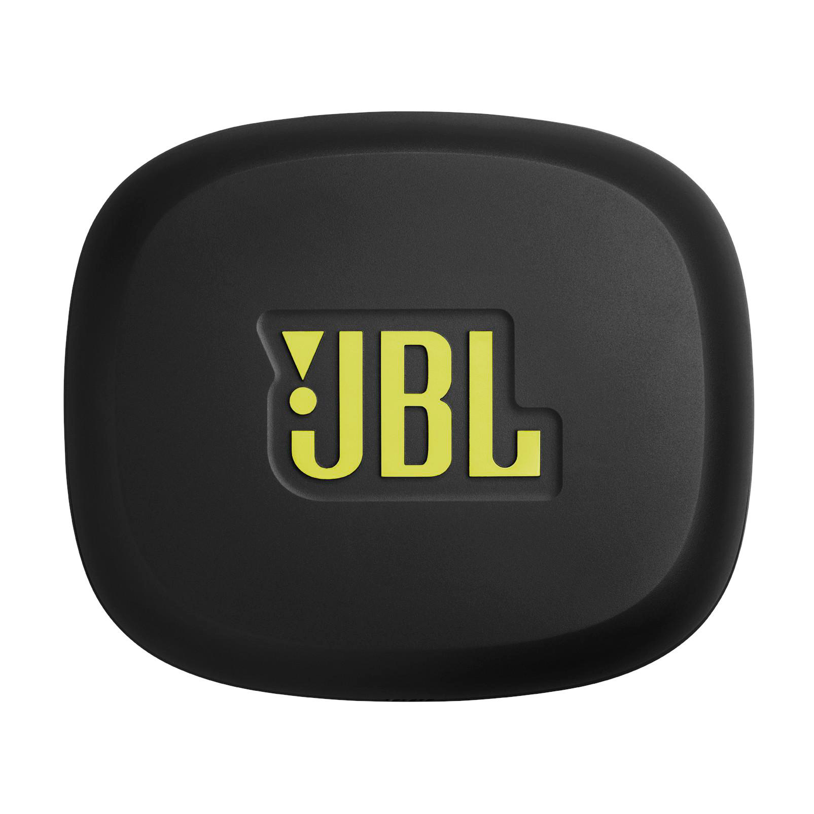 Schwarzes, abgerundetes Gehäuse mit gelbem JBL-Logo. Weißer Hintergrund.