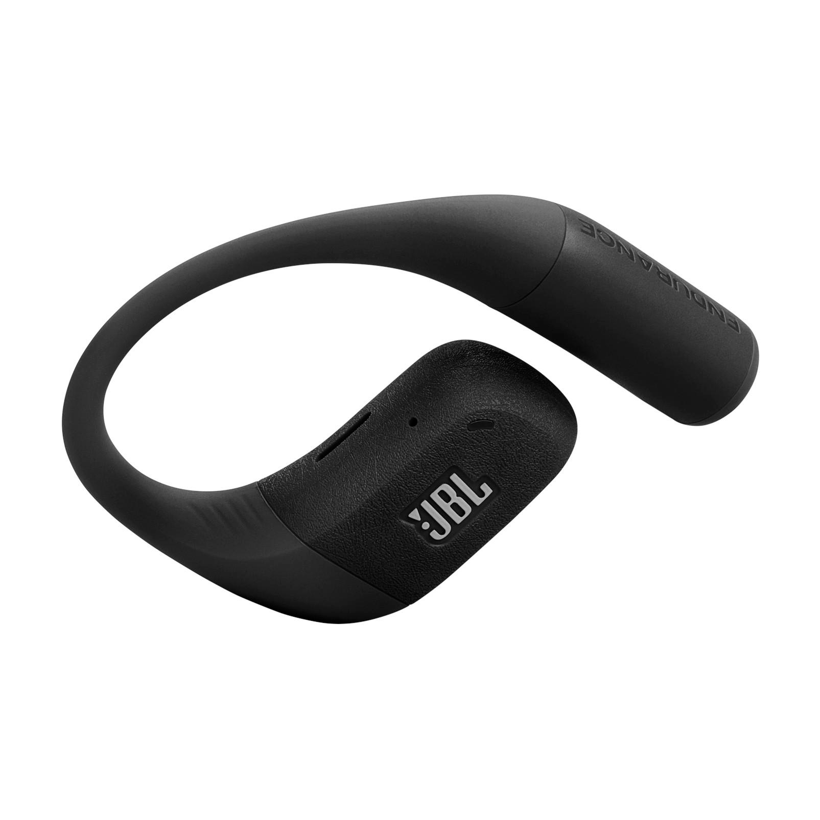 Schwarze kabellose JBL Endurance-Ohrhörer. Das Ohrhörer-Design hat einen gebogenen Over-Ear-Haken für sicheren Sitz und das JBL-Logo.