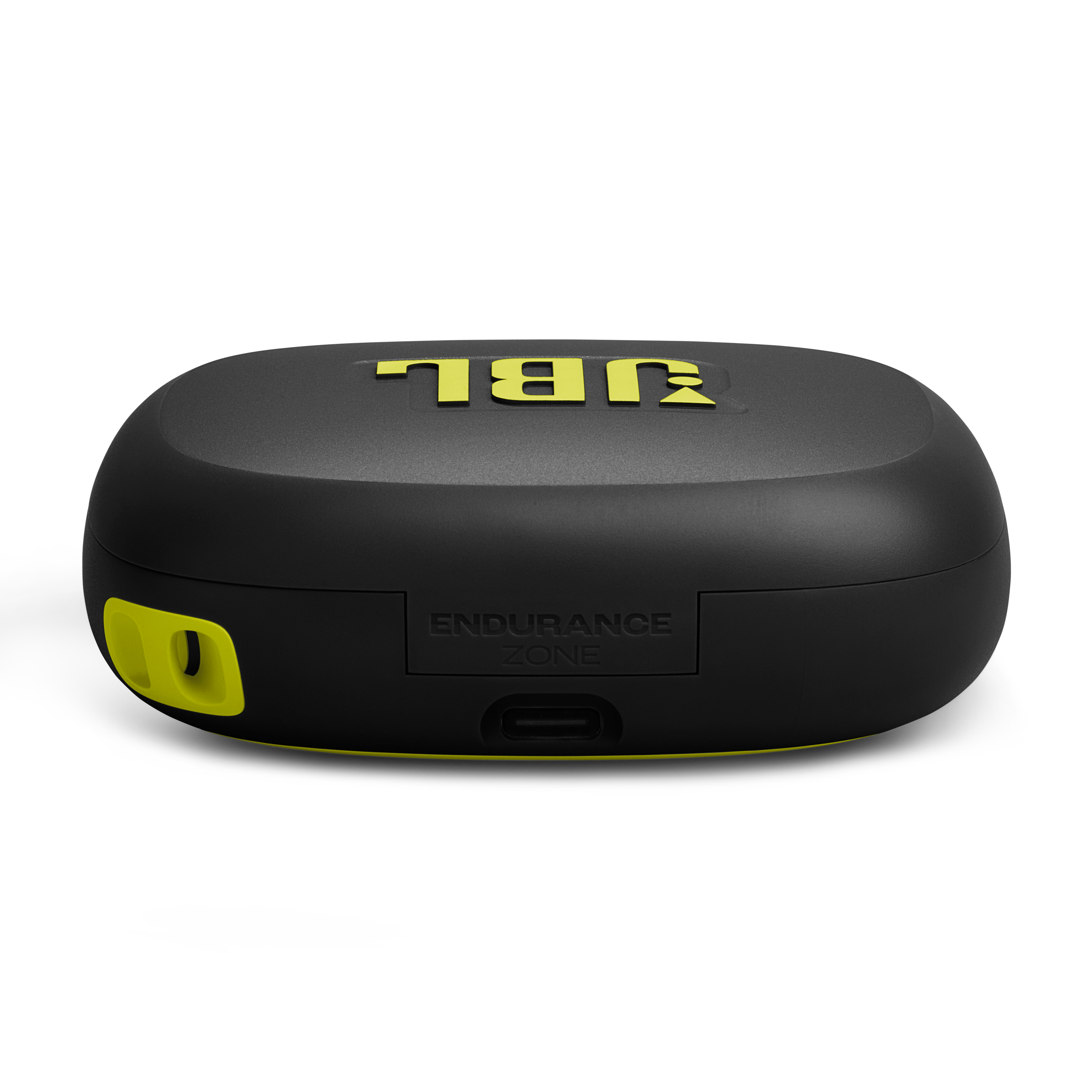 Schwarzes und gelbes JBL Endurance Zone Ladecase. Gelbes JBL-Logo oben. Weißer Hintergrund. USB-C-Anschluss.