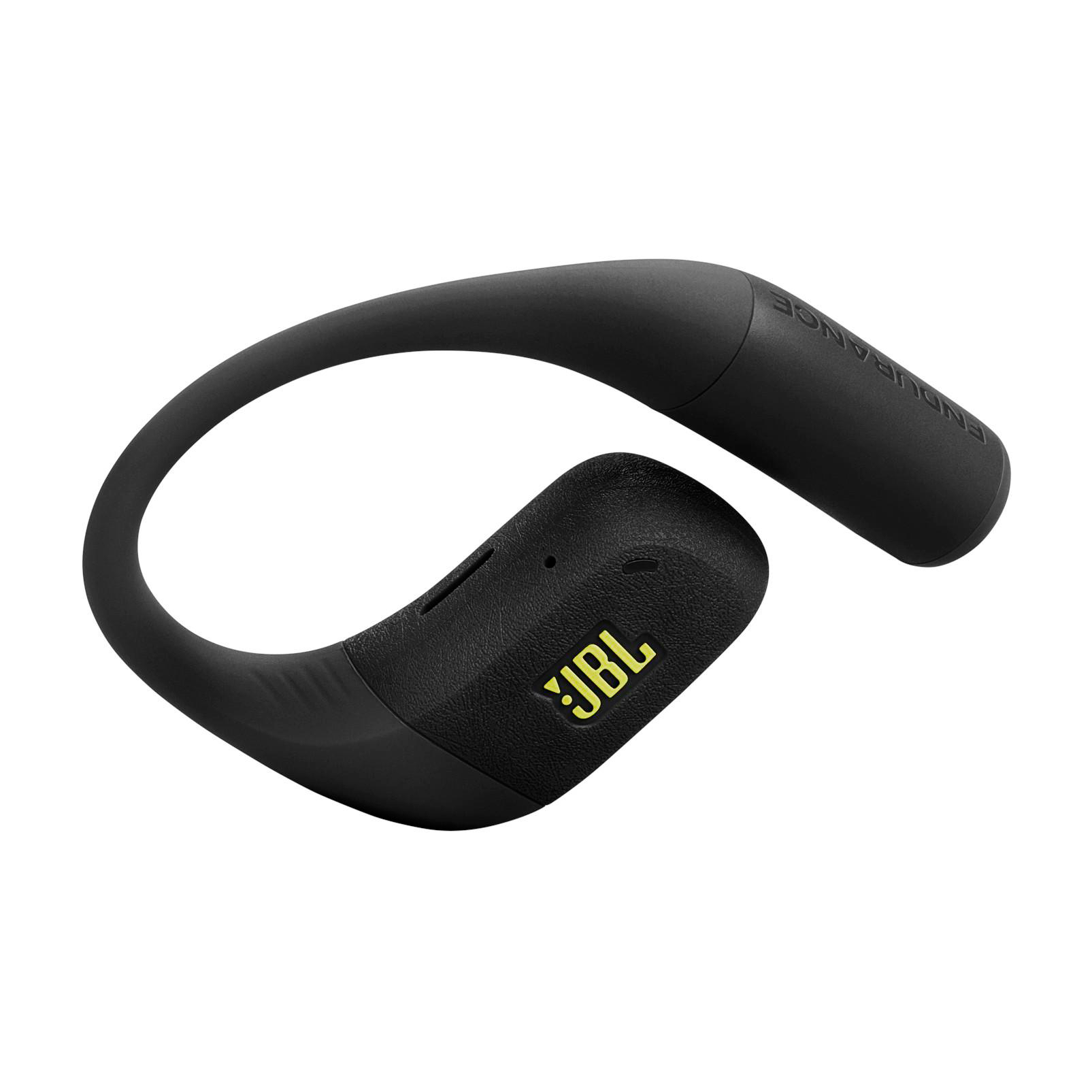 Schwarze kabellose JBL Endurance-Kopfhörer mit gelbem Logo. Das Design umfasst ein gebogenes Band und einen Ohrhörer.