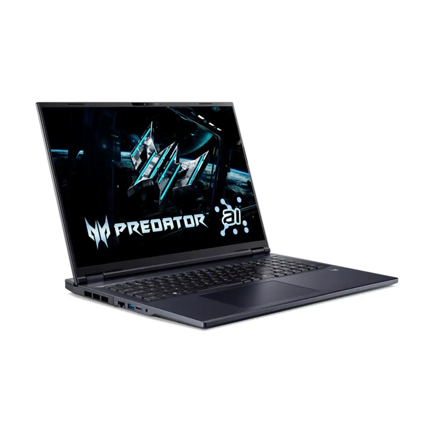 Een donkergrijze laptop, lichtjes gekanteld, toont het Predator-logo. Het scherm toont een futuristische grafiek. De achtergrond is wit.