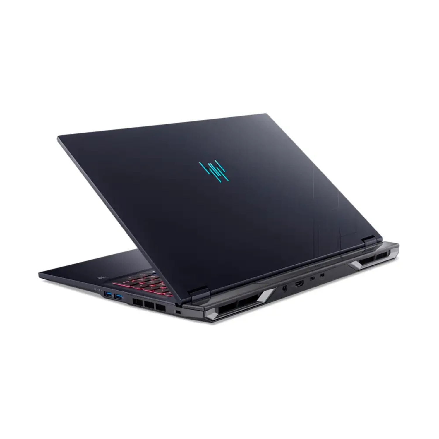 Een zwarte laptop is open, met het toetsenbord en een logo op het deksel. De achtergrond is wit.