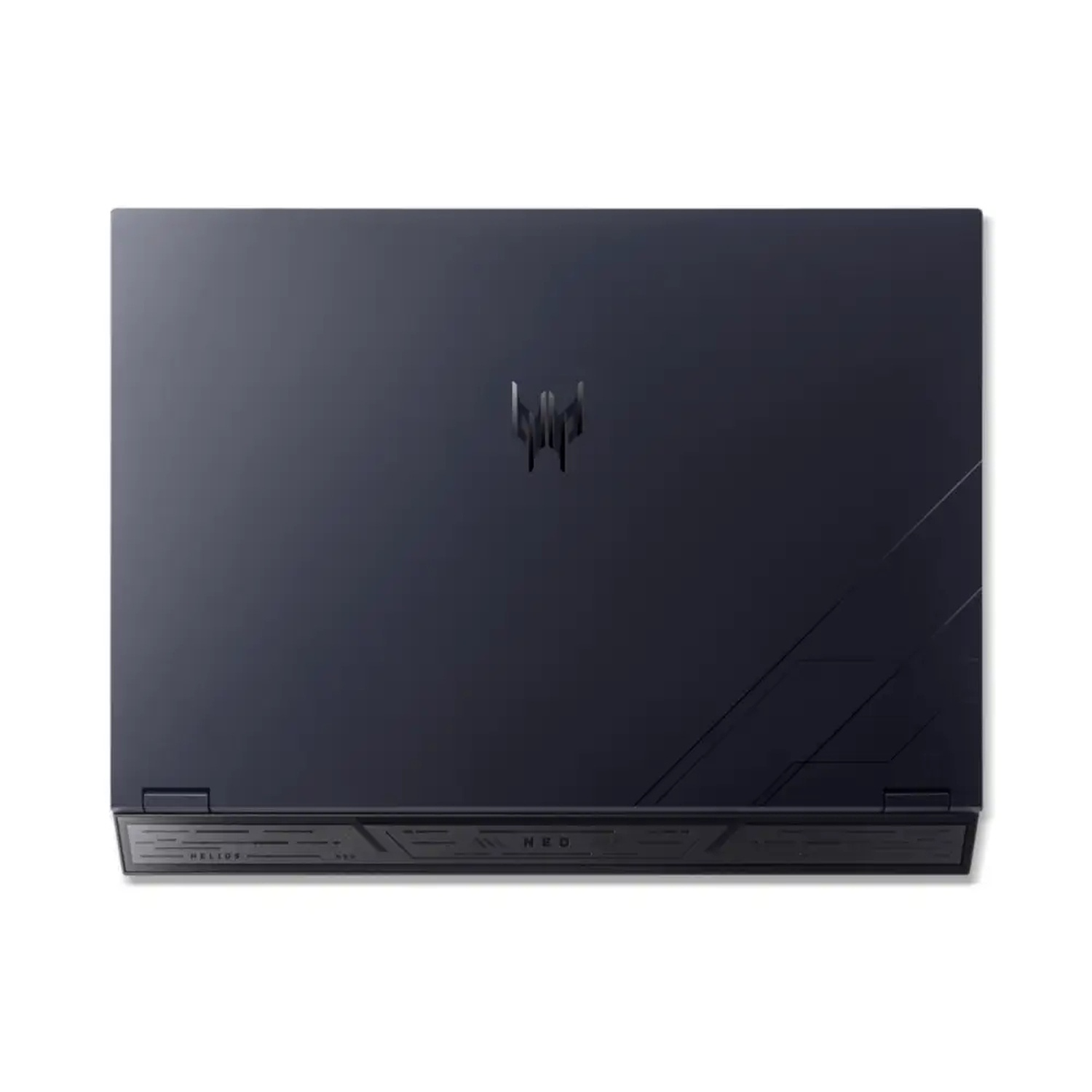 Donkerblauwe laptop, bovenaanzicht, op witte achtergrond. Predator-logo zichtbaar. De laptop is gesloten. HELIOS- en NEO-tekst onderaan.