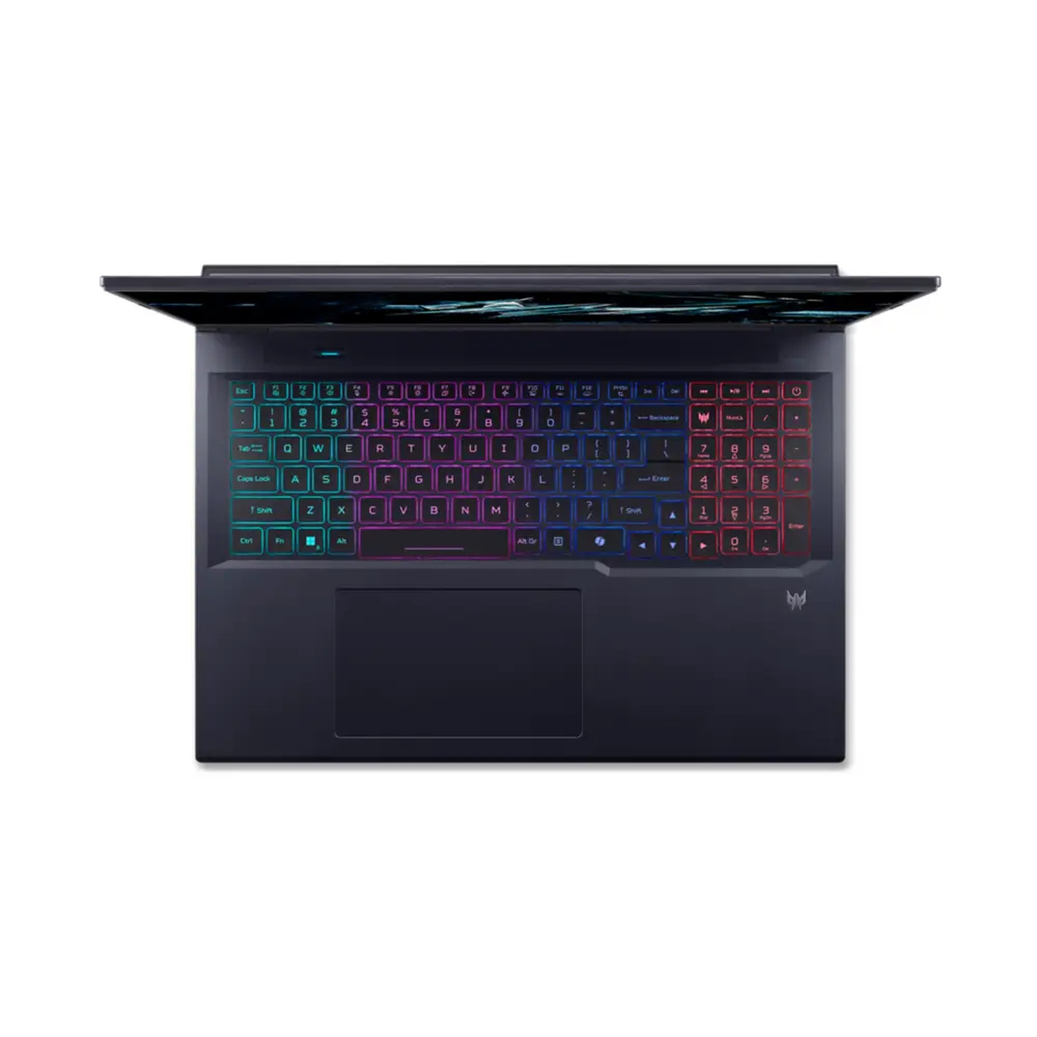 Bovenaanzicht van een donkere laptop met kleurrijk verlicht toetsenbord. Het scherm is iets geopend. Het oppervlak is zwart met een touchpad.