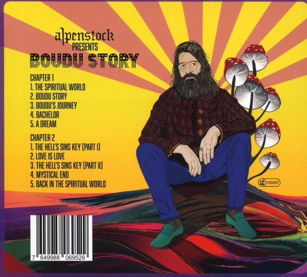Albumcover: Mann mit langen Haaren und Bart, sitzt, umgeben von Pilzen. Titel: Boudu Story. Kapitel und Songtitel sind aufgelistet.
