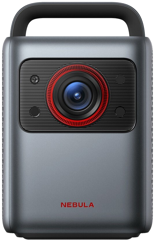 Szary projektor Nebula z czarnym uchwytem. Ma obiektyw z czerwonym pierścieniem, a nazwa marki jest widoczna na czerwono.