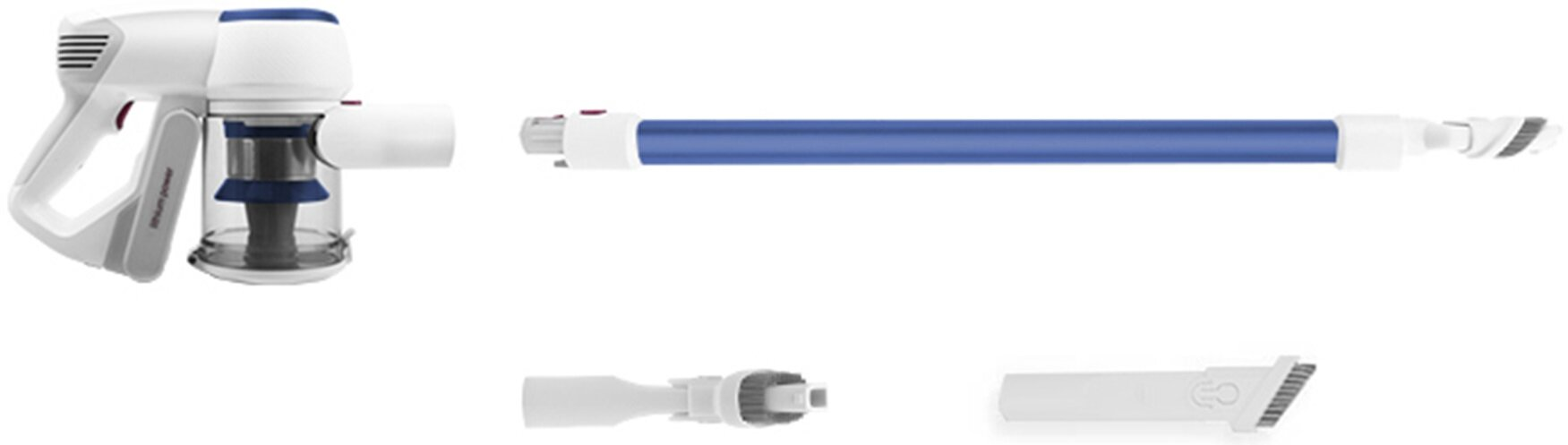 Biało-niebieski odkurzacz bezprzewodowy z akcesoriami. Widoczny jest moduł główny, przedłużenie i dwie głowice szczotkowe.