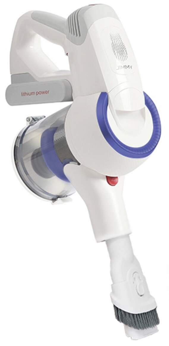 Biało-szary bezprzewodowy odkurzacz Jimmy. Ma niebieski pierścień i szczotkę.