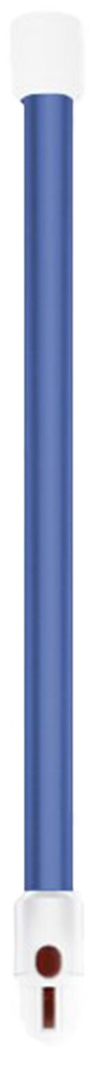 Pionowy obraz przedstawia niebieski cylinder między białymi nasadkami. Brązowa kropka znajduje się w dolnej nasadce.