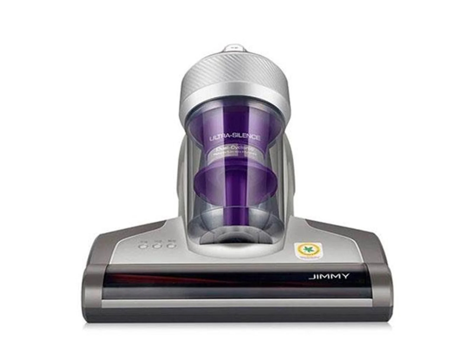 Srebrny i fioletowy odkurzacz JIMMY. Ma cylindryczny korpus i prostokątną głowicę czyszczącą. Widoczne są słowa ULTRA-SILENCE.