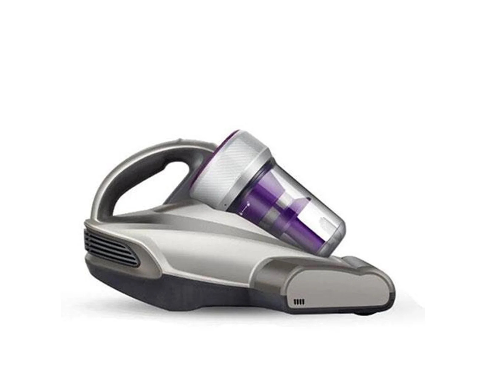 Odkurzacz ręczny na białym tle. Ma szary korpus, czarny uchwyt oraz fioletowy i przezroczysty pojemnik na kurz.