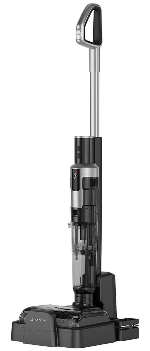 Pokazano czarno-srebrny odkurzacz bezprzewodowy JIMMY. Ma uchwyt, długą rurę i głowicę czyszczącą.