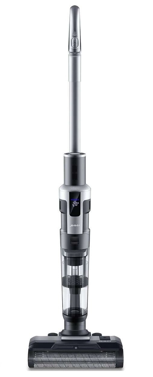 Srebrno-czarny odkurzacz bezprzewodowy JIMMY. Ma długi uchwyt, cyfrowy wyświetlacz i głowicę szczotkową.