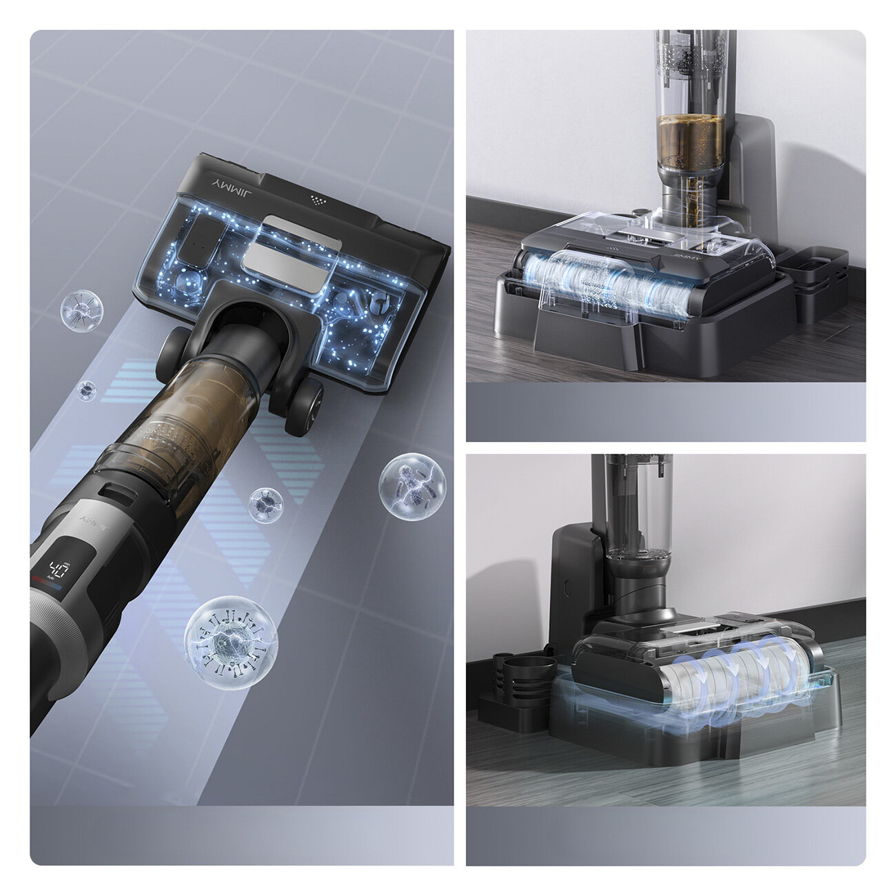 Czarny i szary odkurzacz JIMMY w akcji. Obraz pokazuje różne części, w tym korpus i głowicę czyszczącą.