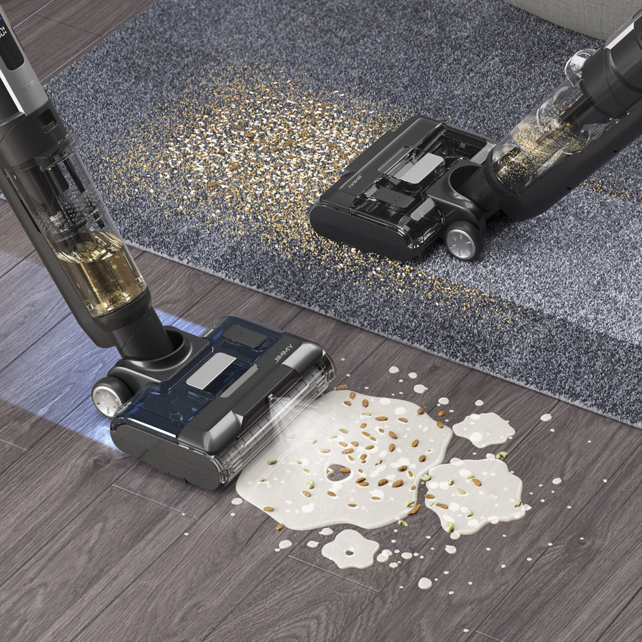 Dwa odkurzacze czyszczą dywan i drewnianą podłogę z rozlanym płynem i zanieczyszczeniami. Odkurzacze są czarne.