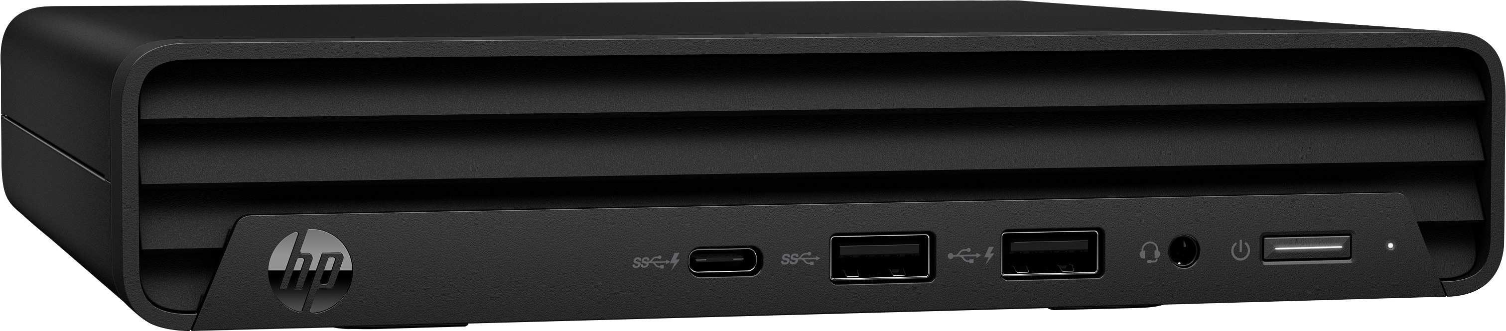 Schwarzer HP Desktop-Computer. Zu den Merkmalen gehören USB-Anschlüsse, ein Netzschalter und eine Kopfhörerbuchse.