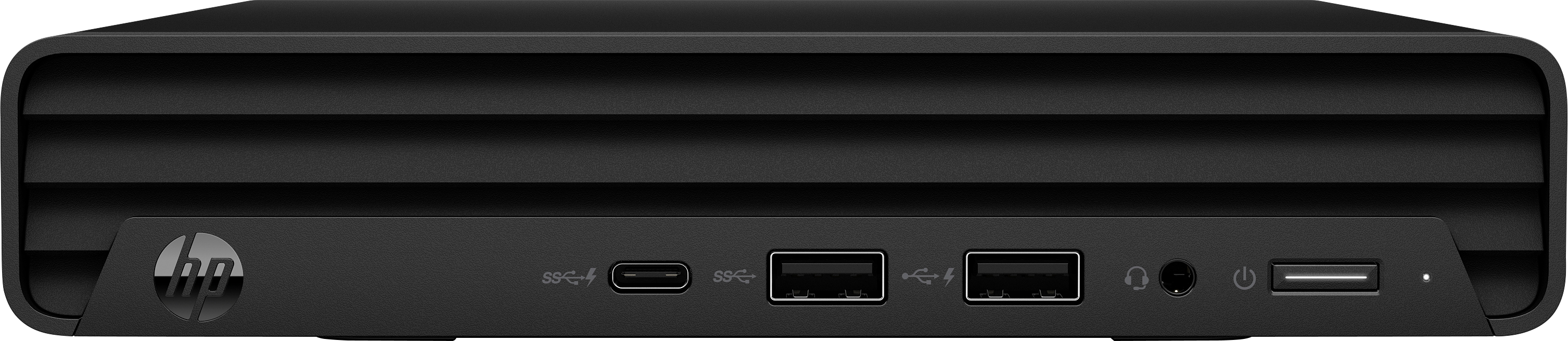 Schwarzer HP-Computer mit Anschlüssen. Enthält USB-, Audio- und Stromanschlüsse. HP-Logo unten links.