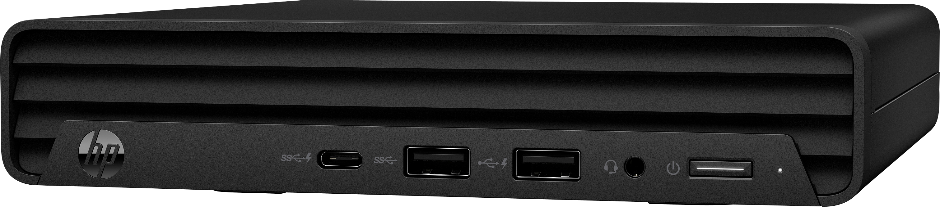 Ein schwarzer HP-Computer. Er hat mehrere Anschlüsse, darunter USB- und Kopfhöreranschluss. Der Power-Button ist sichtbar.