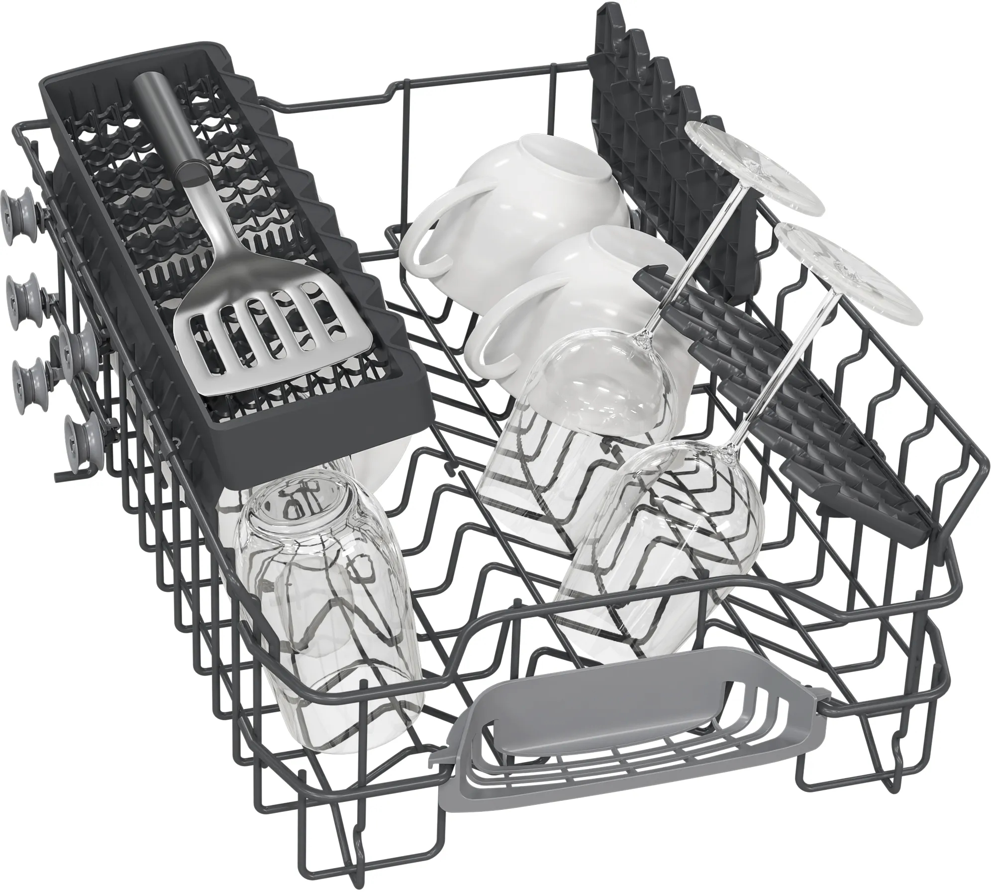 Regał zmywarki z filiżankami, szklankami i szpatułką. Stelaż jest szary, a przedmioty białe i przezroczyste.