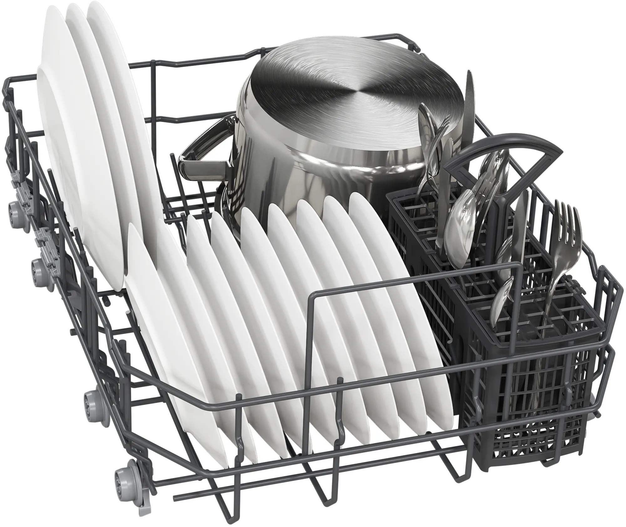 Stojak do zmywarki z białymi talerzami, garnkiem i sztućcami. Stojak jest szary, na białym tle.