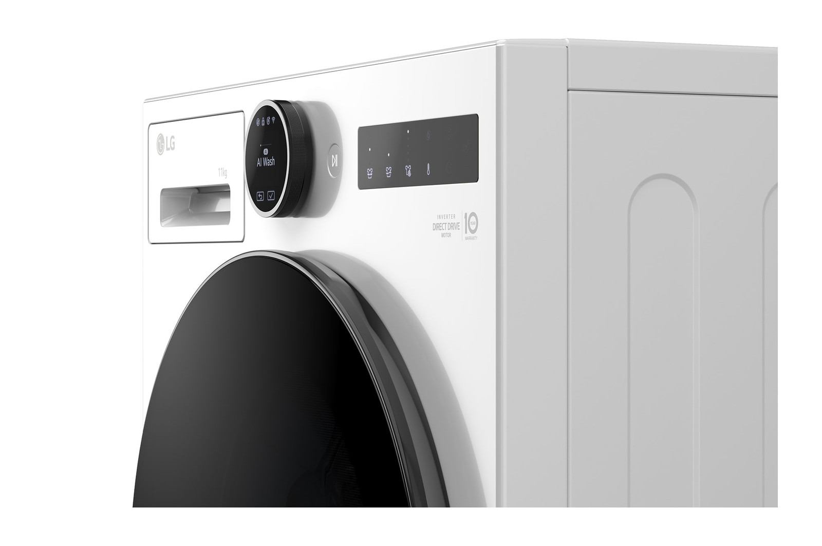 Fehér LG mosógép részlete. Fekete tárcsa, ikonokkal ellátott kijelző, nagy, sötét üvegajtó. Tiszta, modern design.