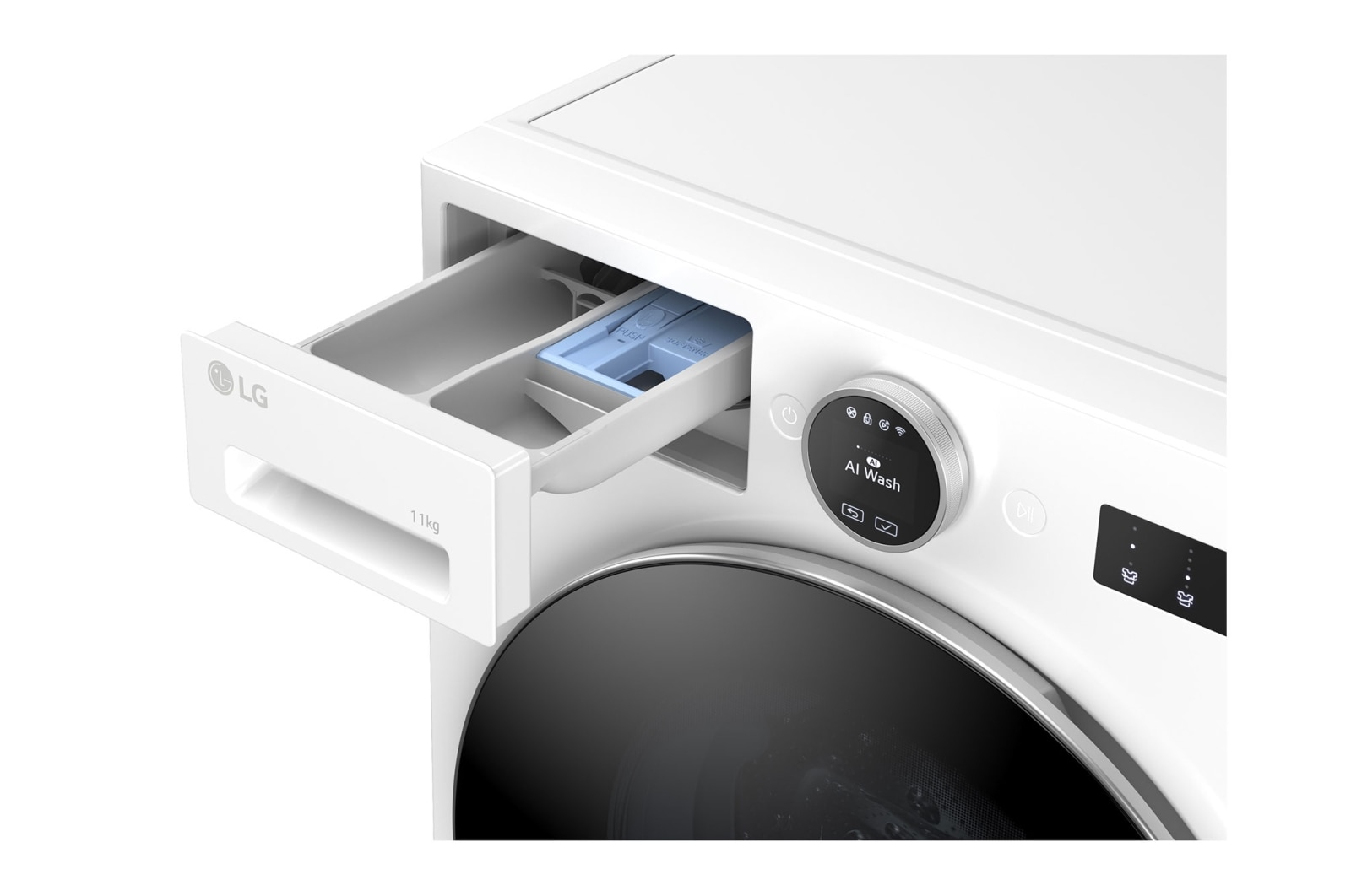 Fehér LG mosógép. A mosószer-fiók nyitva van. Digitális kijelzője van, rajta az AI Wash felirattal.