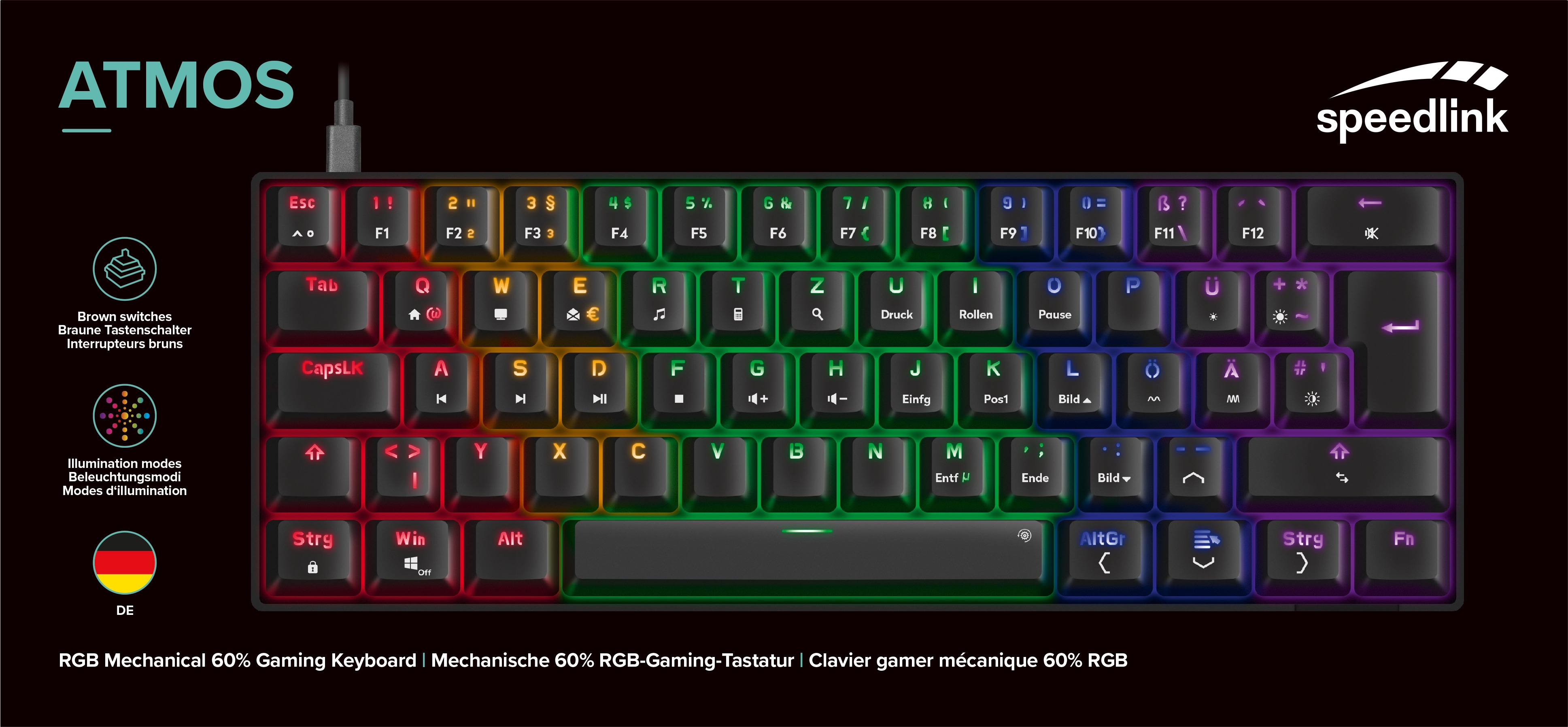 Schwarze 60% RGB-Mechaniktastatur. Tasten leuchten in verschiedenen Farben. Speedlink- und Atmos-Logos sind sichtbar.