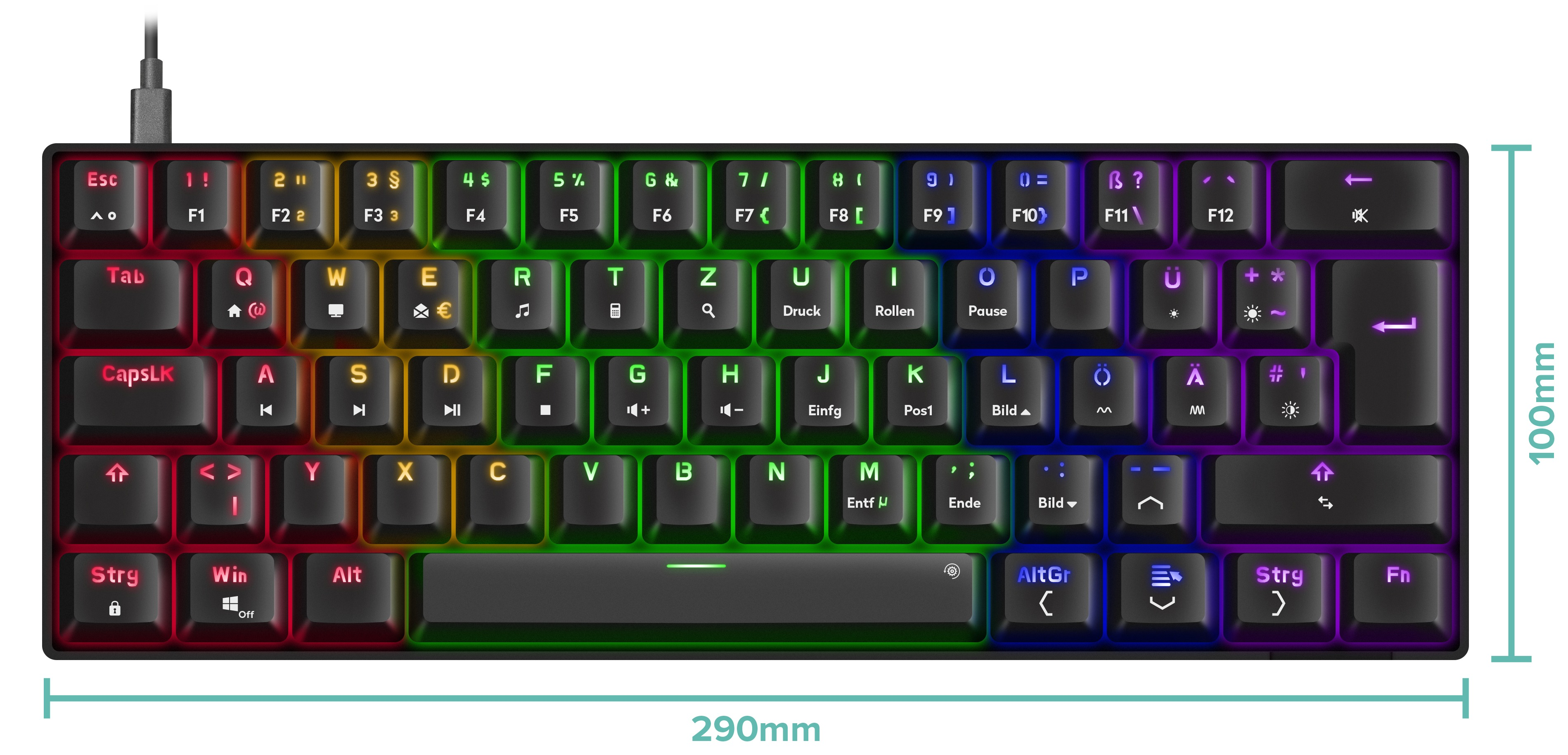 Kompakte, farbenfrohe Tastatur mit schwarzen Tasten und beleuchteten Buchstaben, mit Größenangaben.