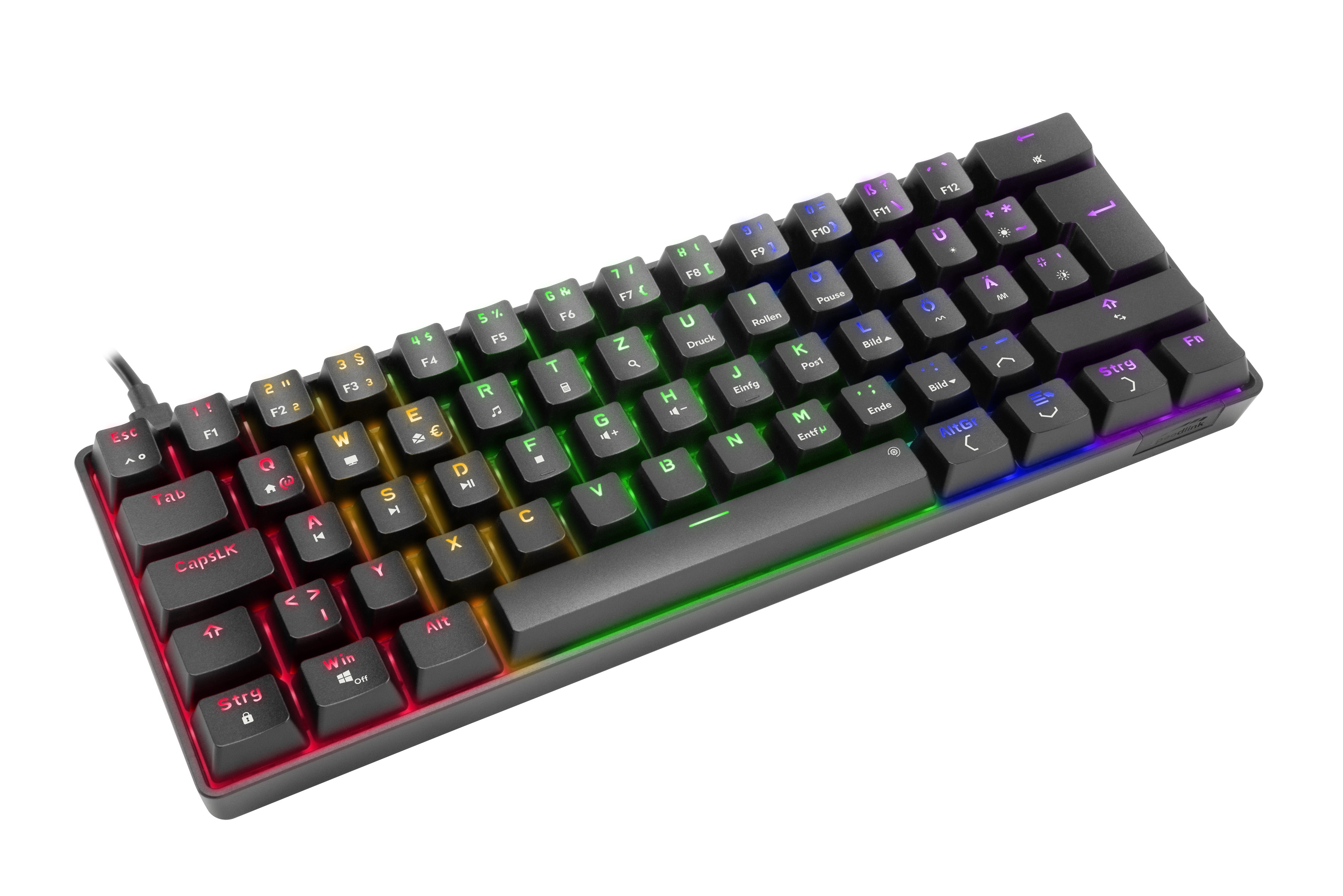 Schwarze, kompakte mechanische Tastatur mit farbigen Tasten. RGB-Beleuchtung sichtbar. Kabel links.