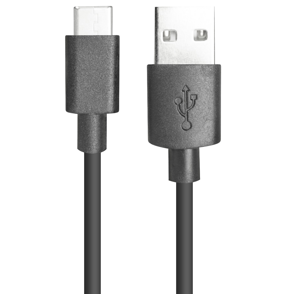 Zwei schwarze USB-Kabel mit verschiedenen Anschlüssen. Eines ist USB-C, das andere ist Standard-USB-A. Beide Kabel sind auf weißem Hintergrund.