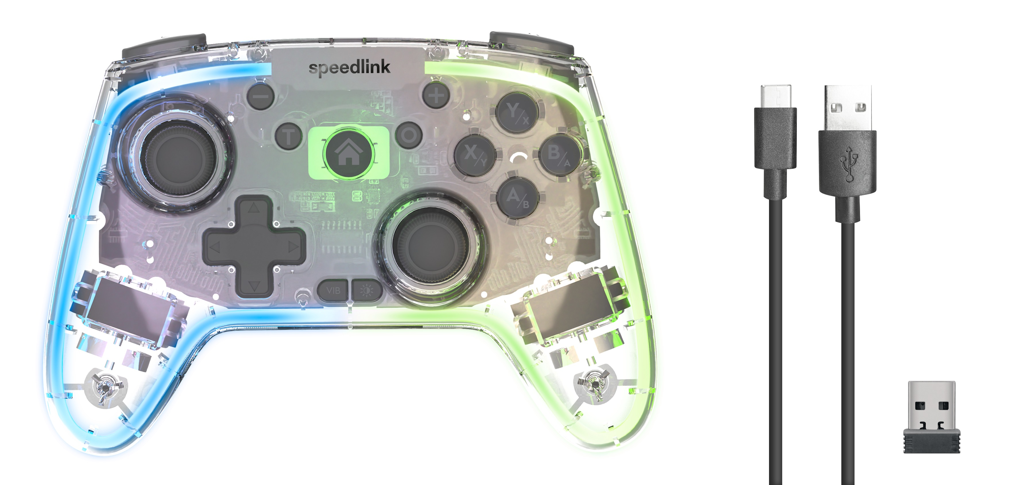 Ein transparentes Gaming-Controller mit sichtbaren internen Komponenten, begleitet von zwei USB-Kabeln und einem kleinen USB-Empfänger.