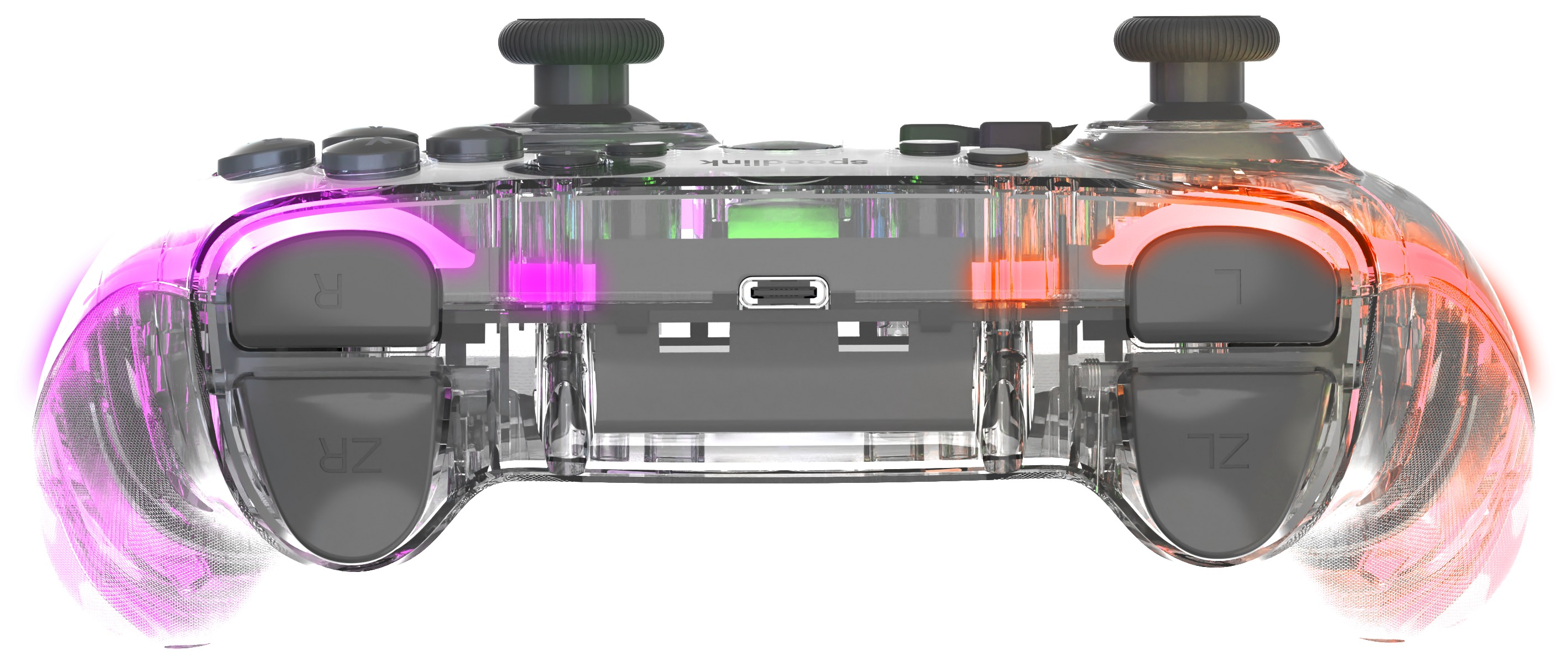 Transparenter Speedlink-Gamecontroller mit rosa und orangefarbenen Lichteffekten. Tasten, Analogsticks und ein USB-Anschluss sind sichtbar.