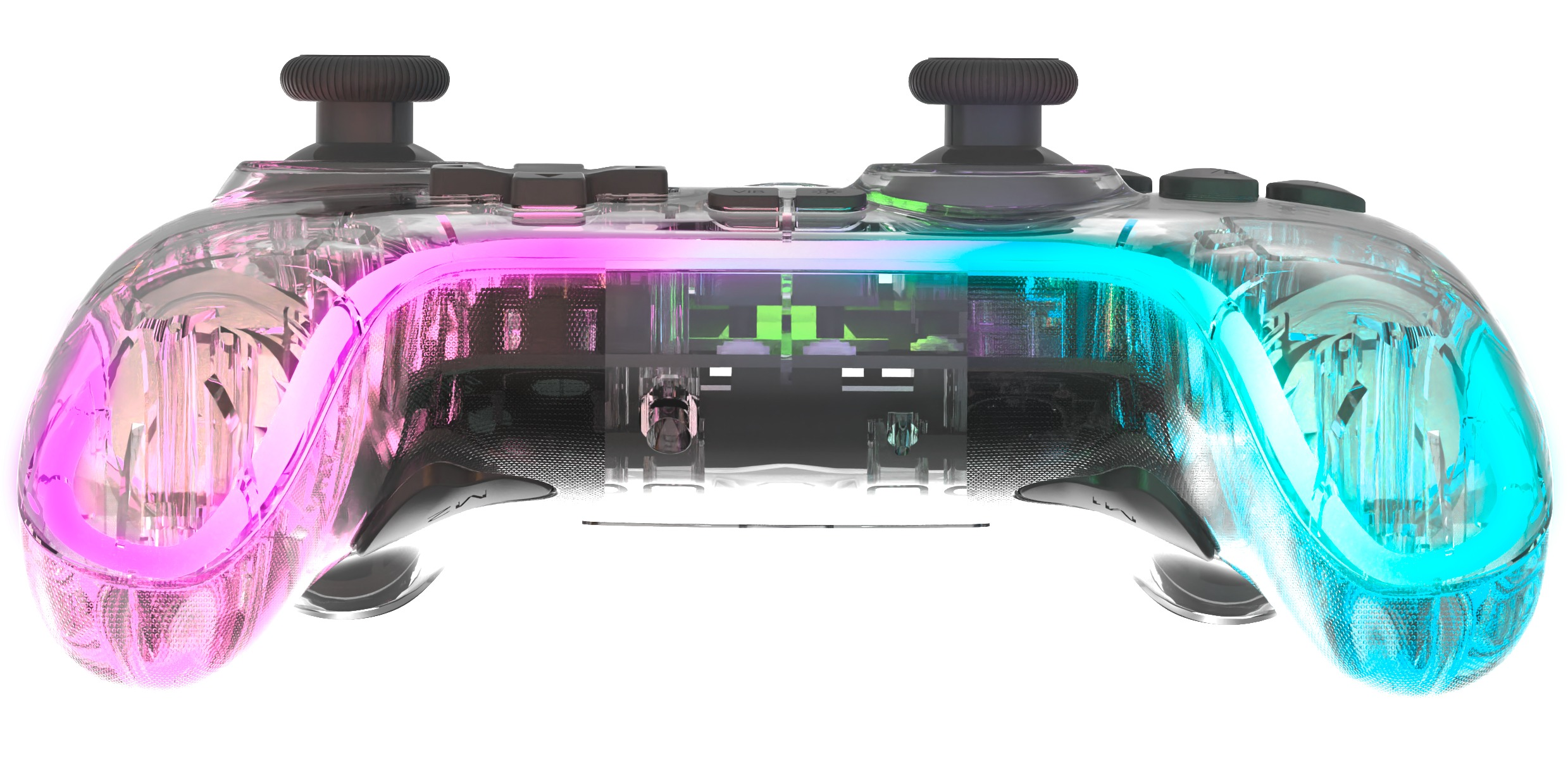 Ein transparenter Game-Controller mit rosa und blauen Lichtern. Die inneren Komponenten sind sichtbar. Der Hintergrund ist weiß.