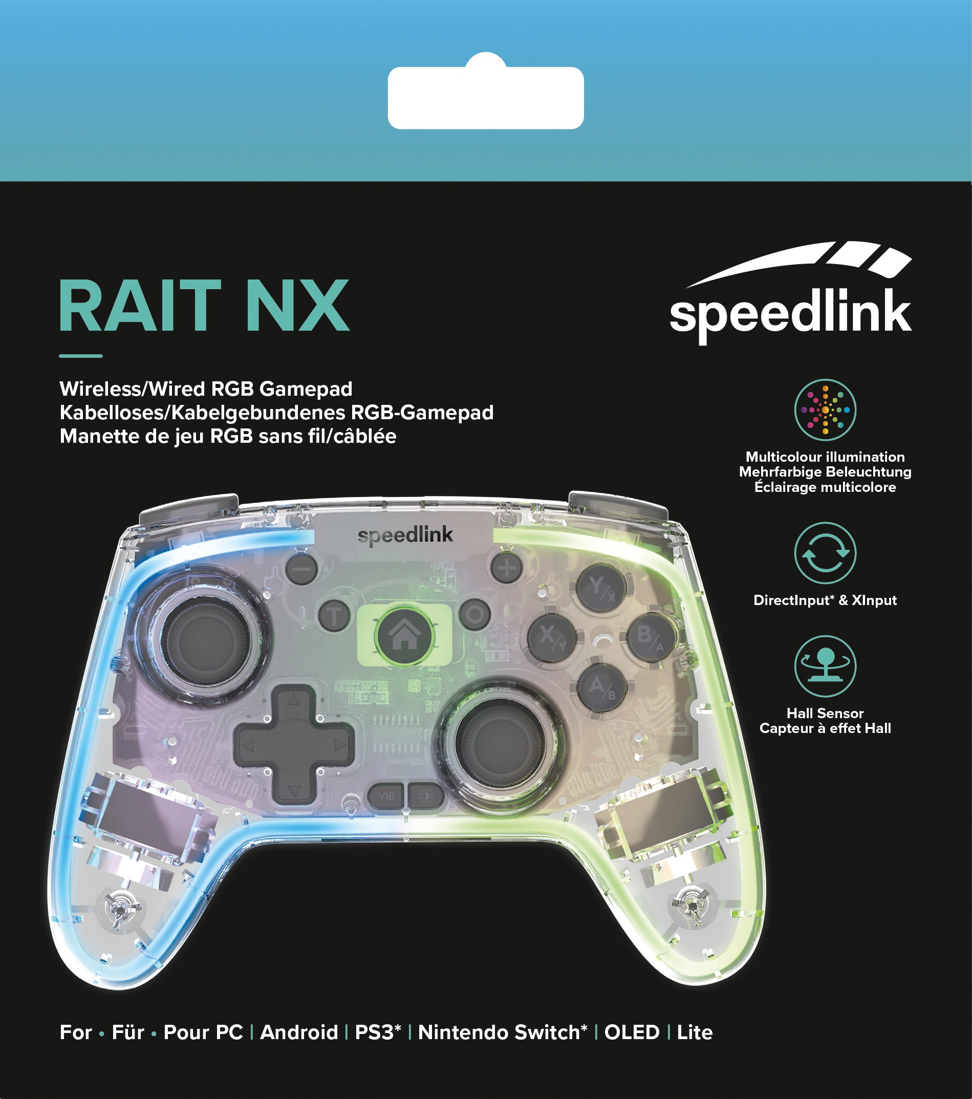 Ein transparentes Gamepad mit bunten Lichtern. Es hat Knöpfe, Joysticks und das Speedlink-Logo. Die Verpackung zeigt Produktmerkmale.