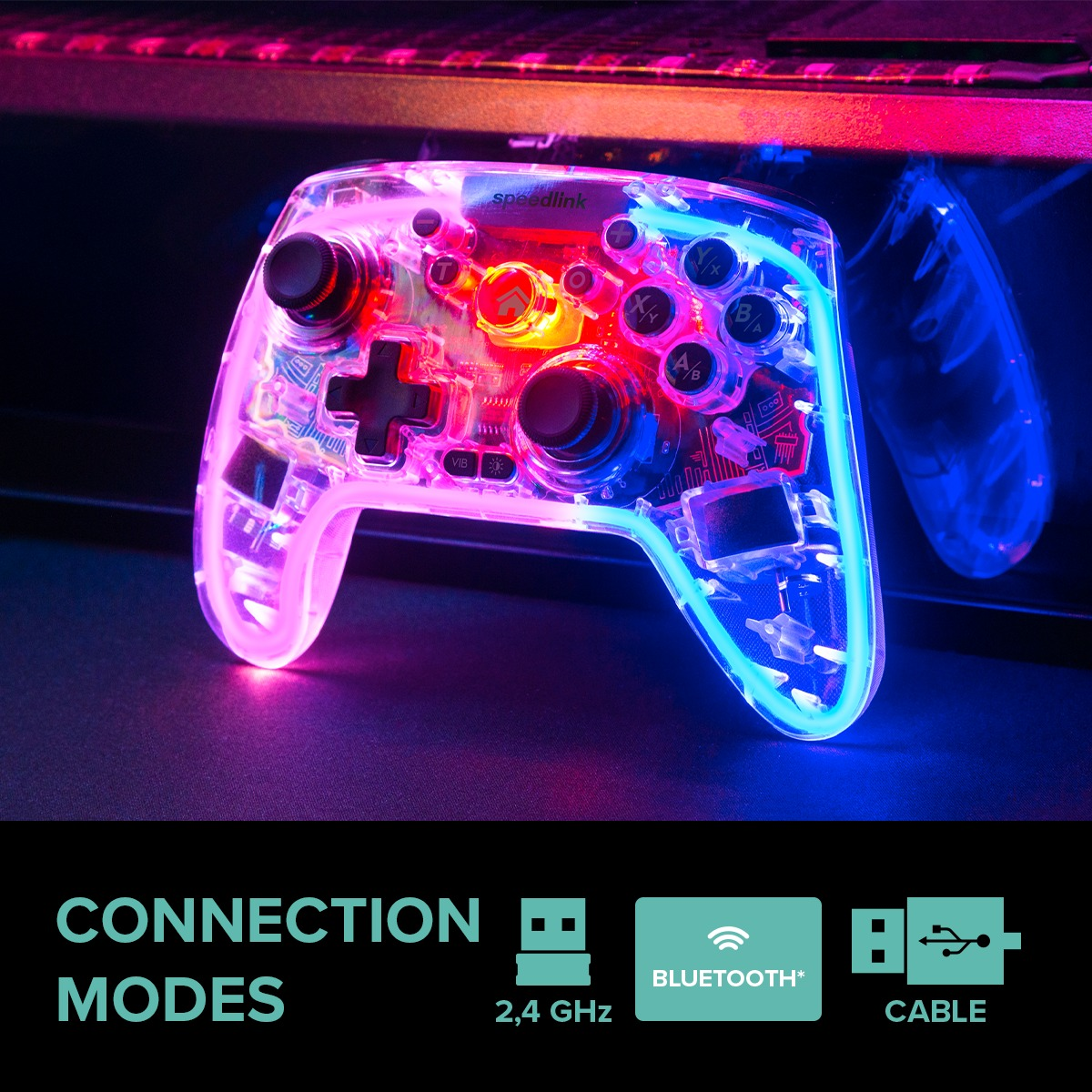 Ein transparenter Gaming-Controller mit blauem und pinkfarbenem Leuchten. Verbindungsmodi: 2,4 GHz, Bluetooth und Kabel werden angezeigt.