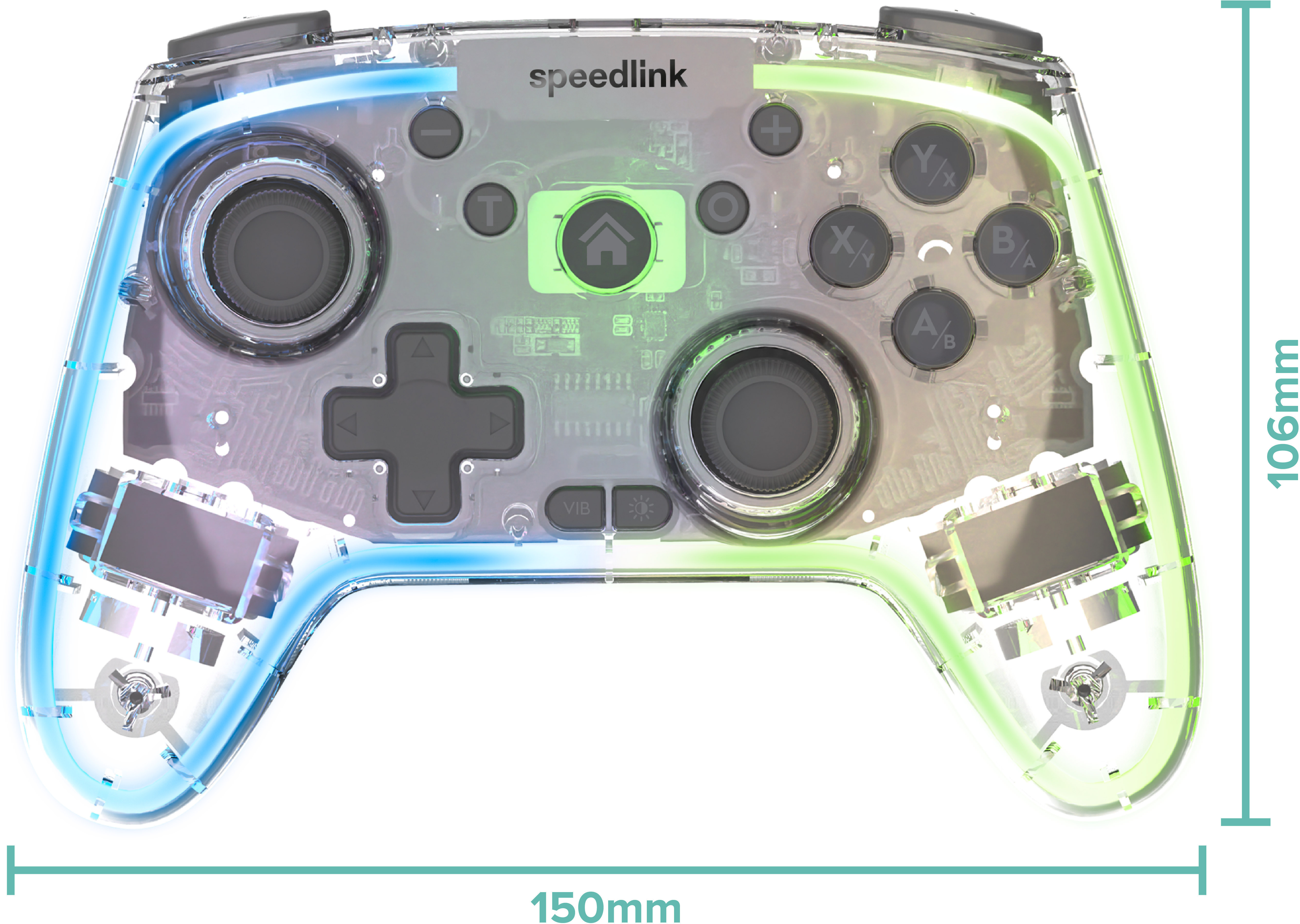 Transparenter Speedlink-Controller mit Knöpfen und Joysticks, grünem und blauem Leuchten und Abmessungen 150mm x 106mm.