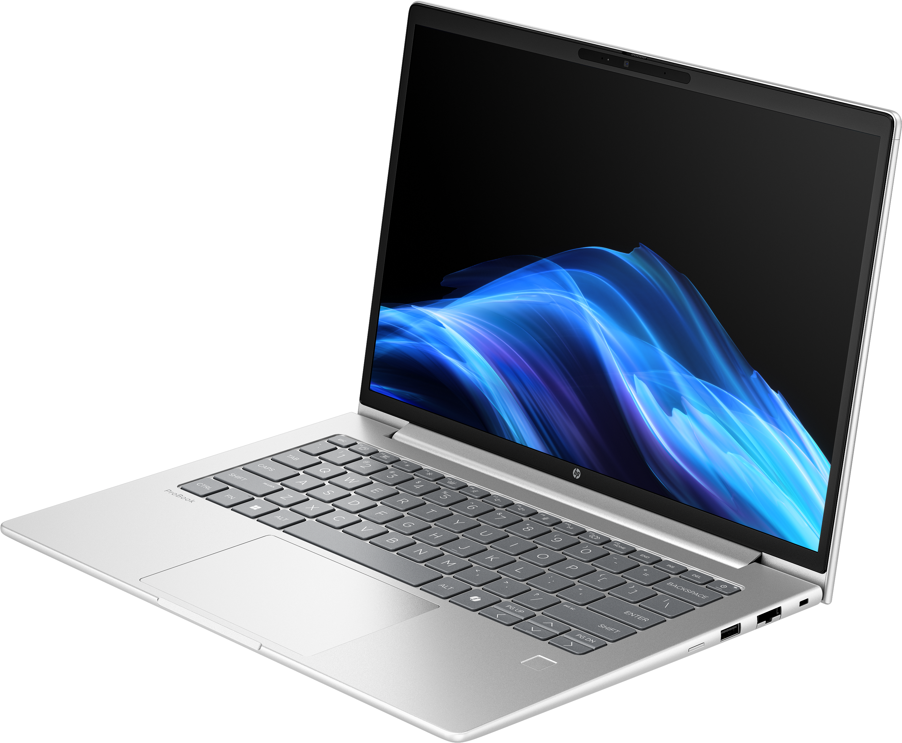 Silberner Laptop, geöffnet, mit Tastatur und Bildschirm. Der Bildschirm zeigt blaue und weiße abstrakte Grafik. Schwarzer Hintergrund.