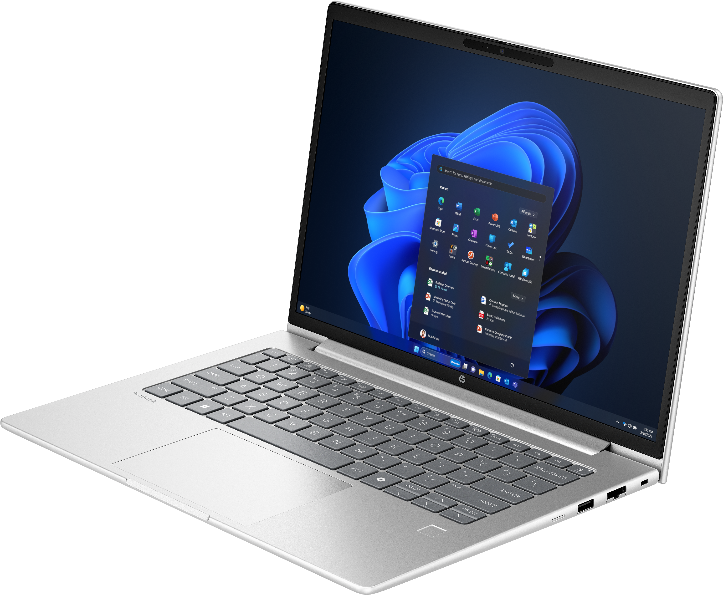 Silberner HP Laptop offen, Windows 11 Oberfläche. Tastatur sichtbar, mit schwarzem Hintergrund.