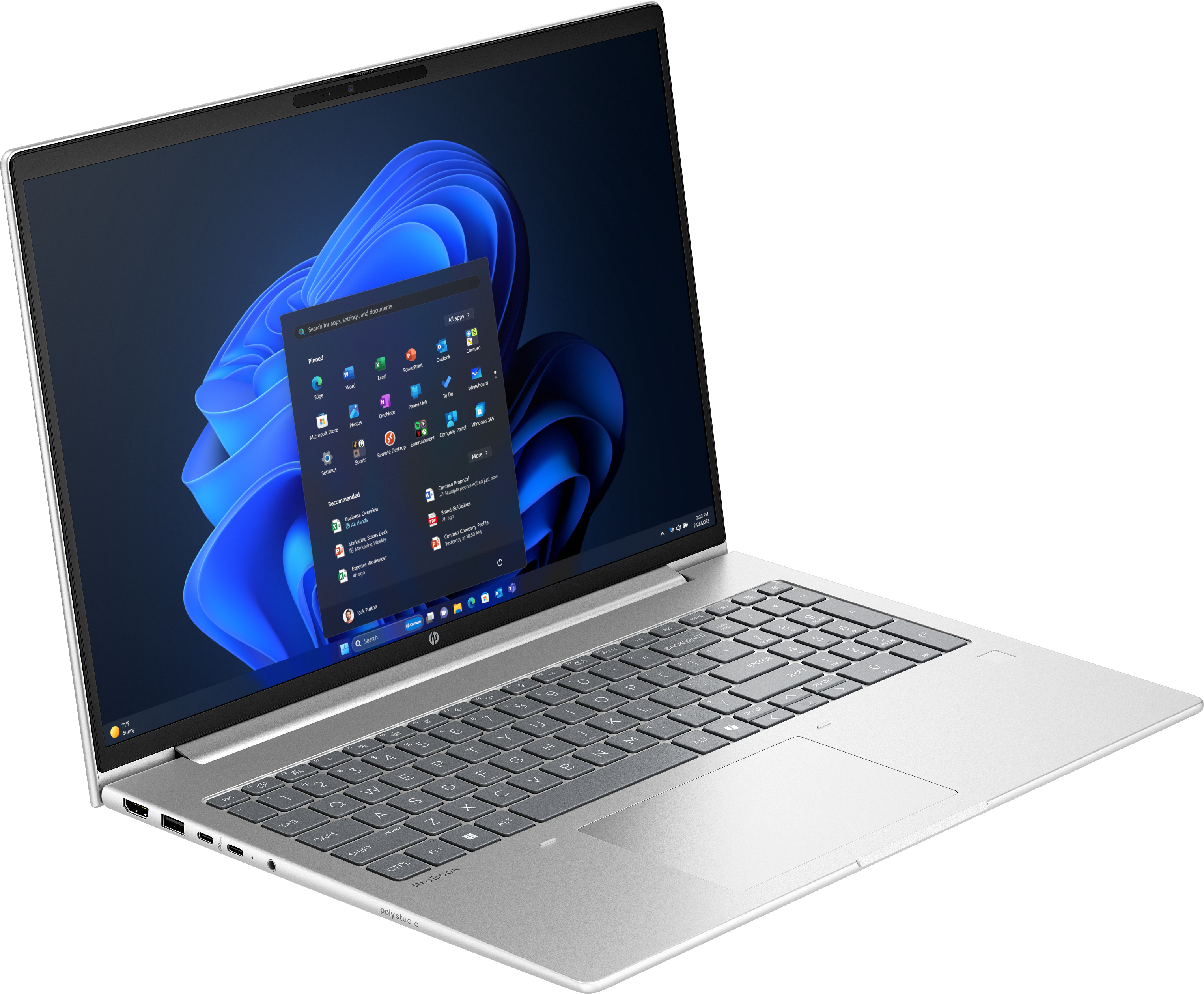 Silberner Laptop mit Windows 11-Oberfläche. Auf dem Bildschirm werden App-Symbole angezeigt. Tastatur sichtbar. Schwarzer Hintergrund.