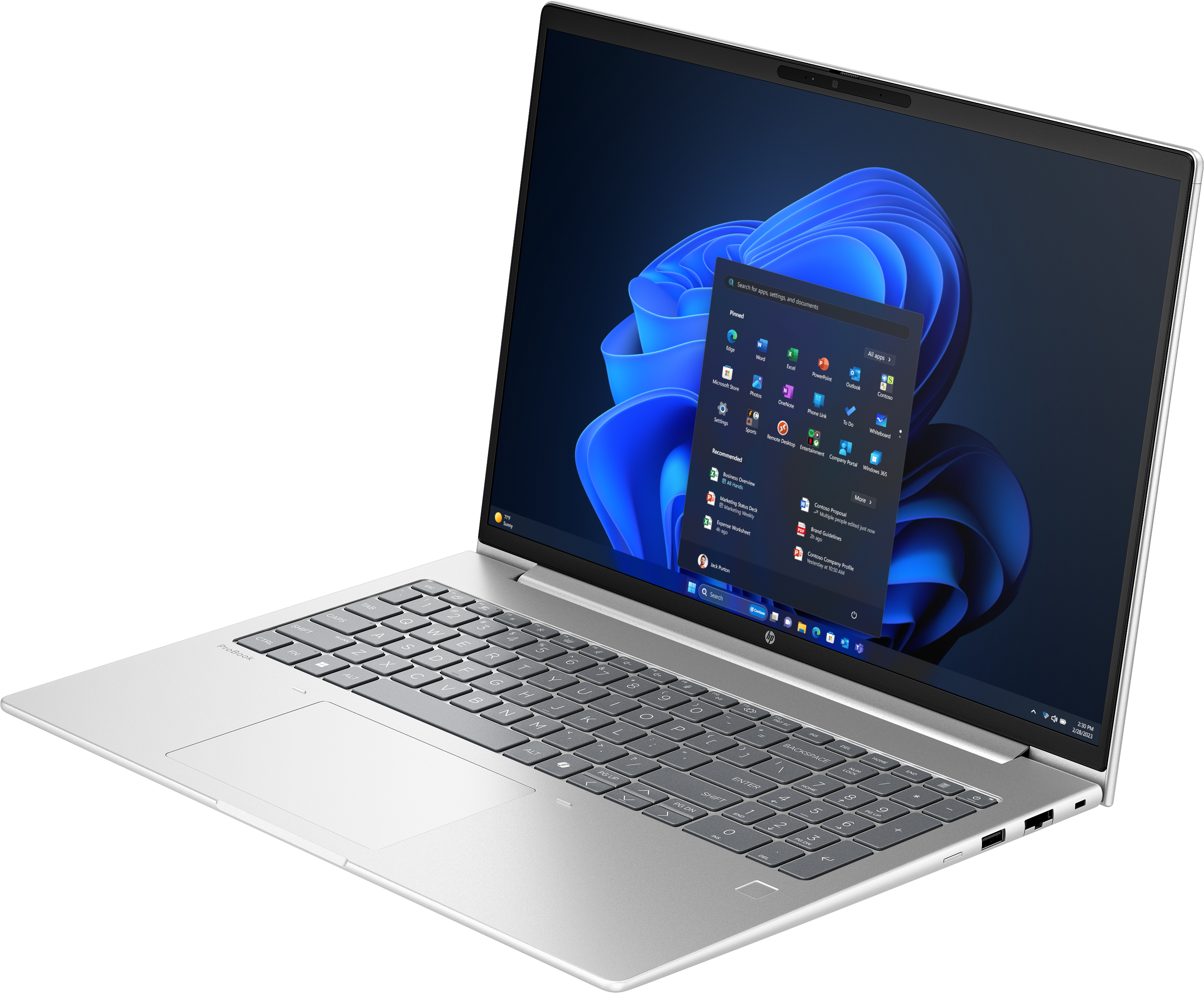 Silberner HP-Laptop mit geöffneter Windows-Oberfläche und Apps. Tastatur sichtbar. Schwarzer Hintergrund.