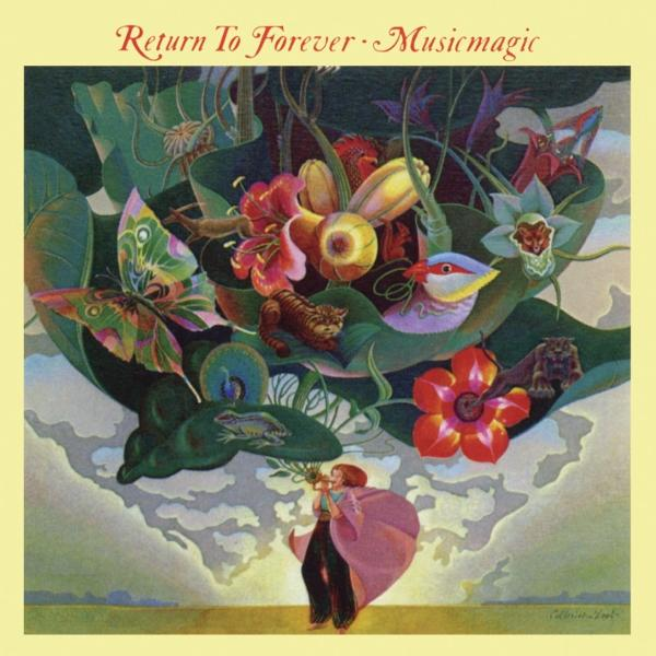 Album borító: trombitáló nő, virágokkal, levelekkel és állatokkal körülvéve, "Return To Forever Musicmagic" felirattal.