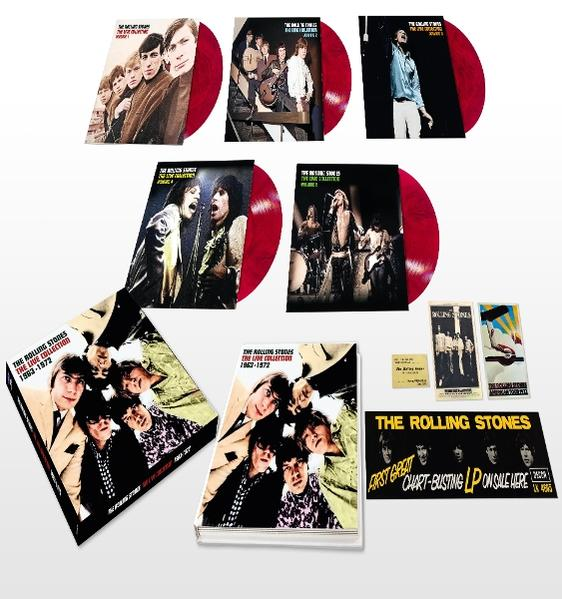 A Rolling Stones albumborítói és bakelit lemezei. Különböző albumművészetek és lemezborítók láthatók, hanglemezekkel.