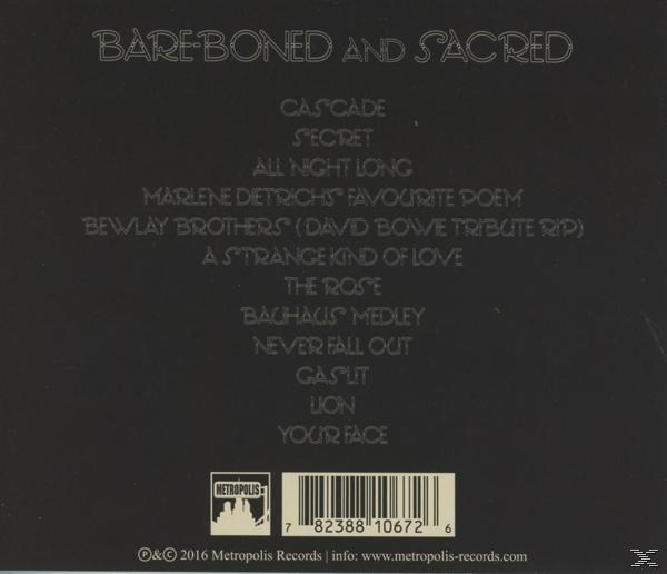 CD borító, sötét háttér. A szöveg a 'BARE-BONED AND SACRED' és a dalcímeket tartalmazza. Tartalmazza a Metropolis Records logóját és vonalkódot.