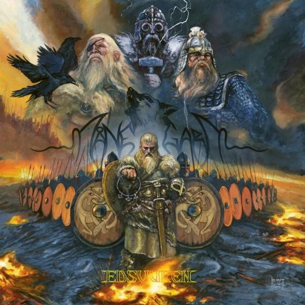 Viking témájú műalkotás. Felül három szakállas figura hollókkal, farkasokkal és villámlással. Alul egy harcos karddal és pajzzsal.
