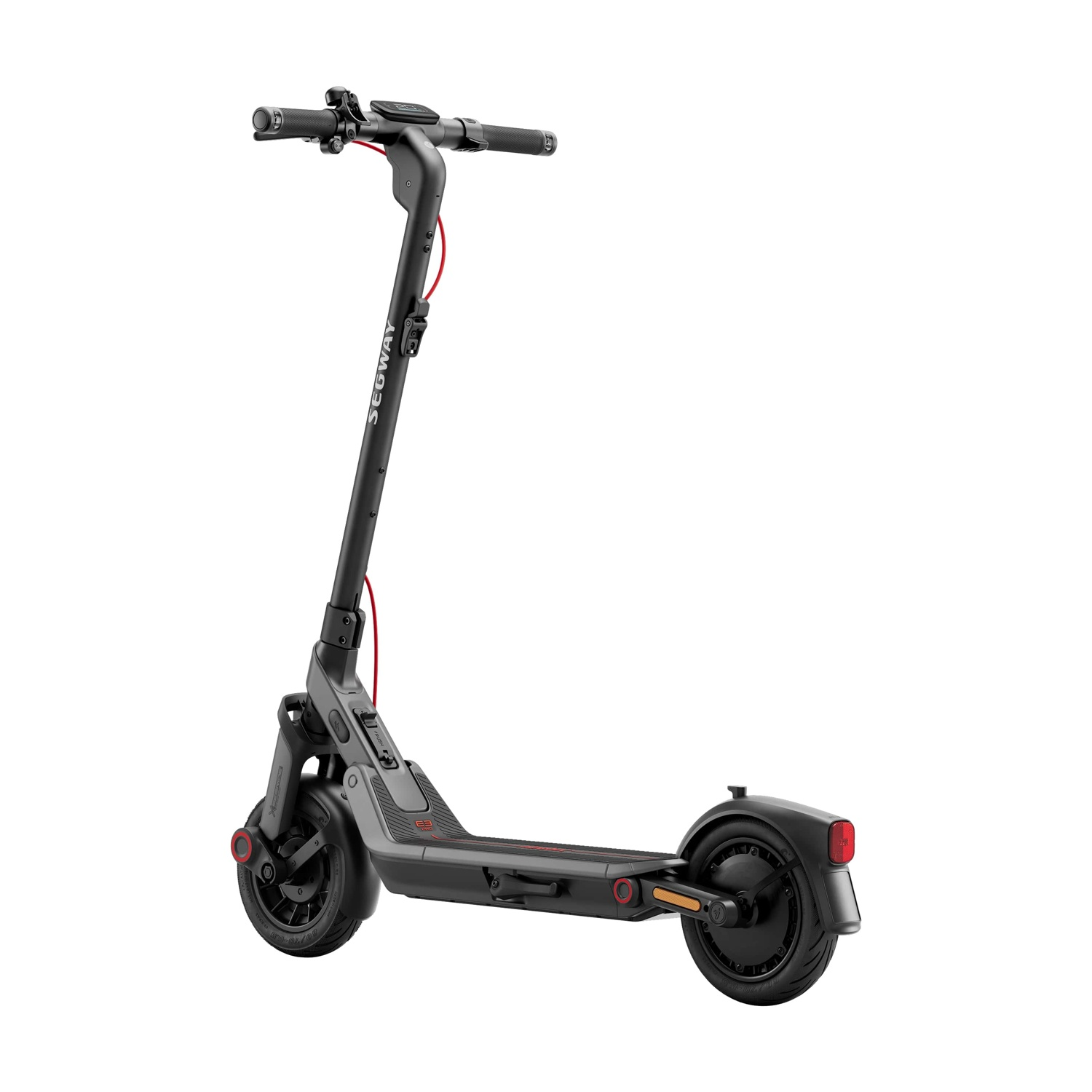 Un monopattino elettrico Segway nero su sfondo bianco. Ha un cavo rosso. Lo scooter è in buone condizioni.
