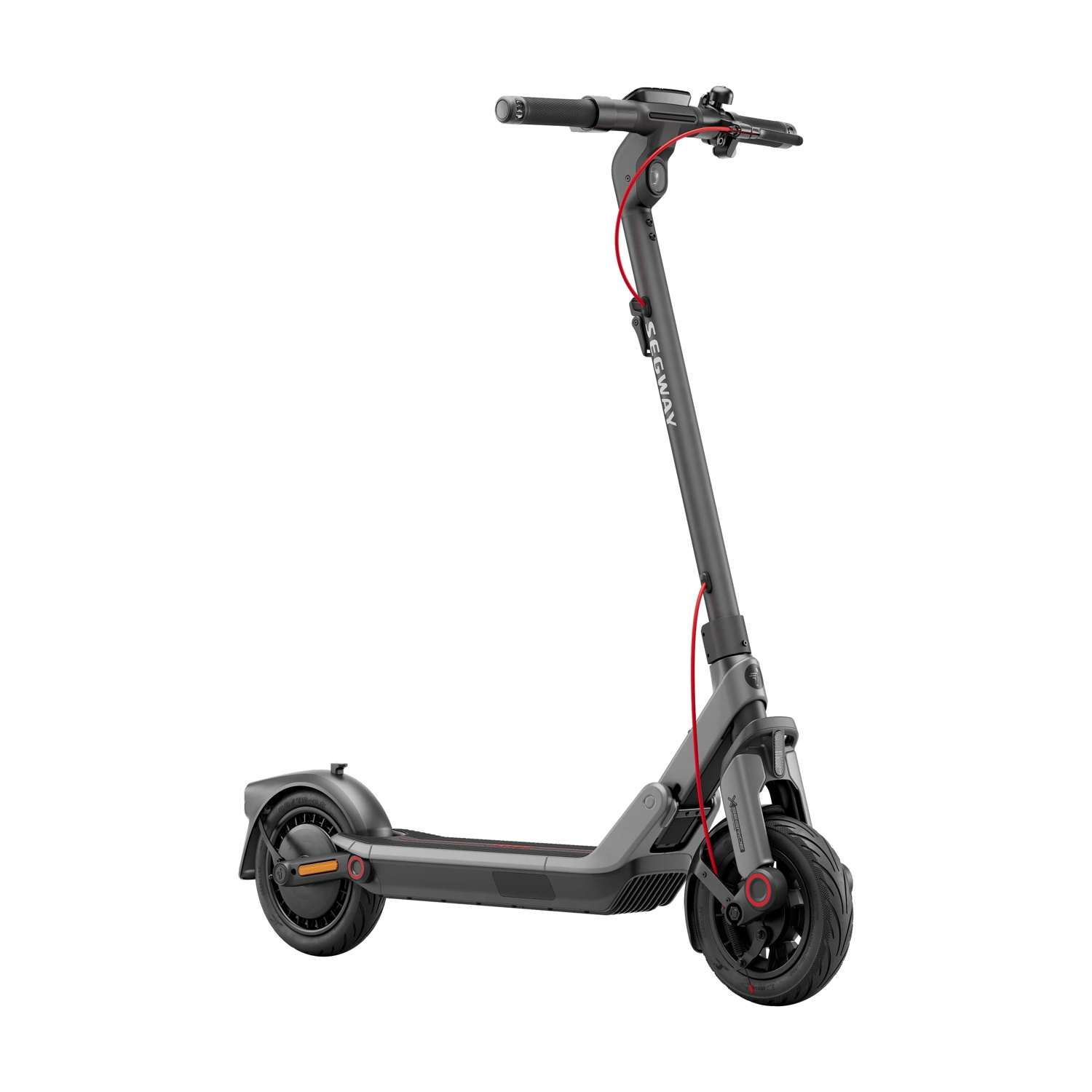 Un monopattino elettrico Segway grigio su sfondo bianco. Ha un cavo rosso e pneumatici neri.