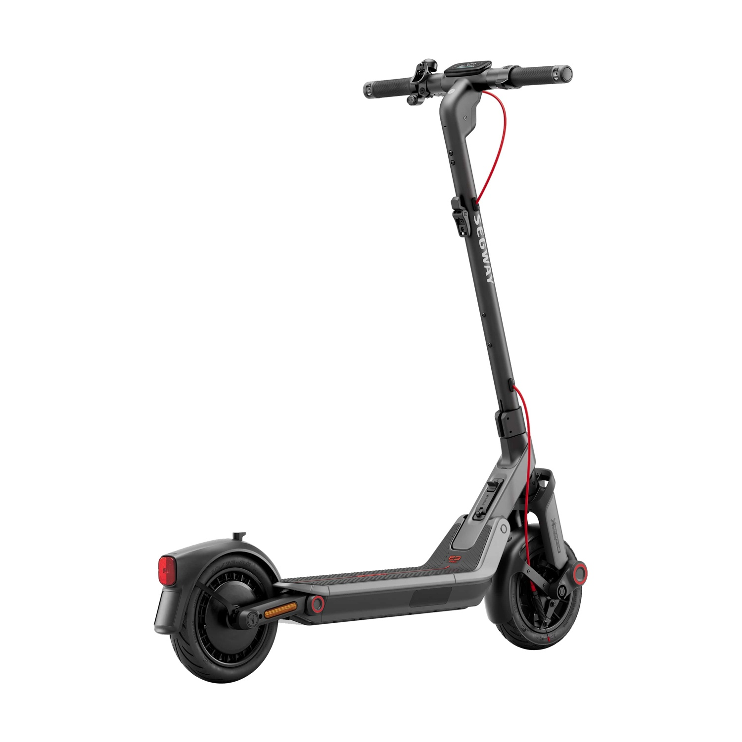 Un monopattino elettrico Segway nero su sfondo bianco. Ha un cavo rosso, pneumatici neri e un piccolo display sul manubrio.