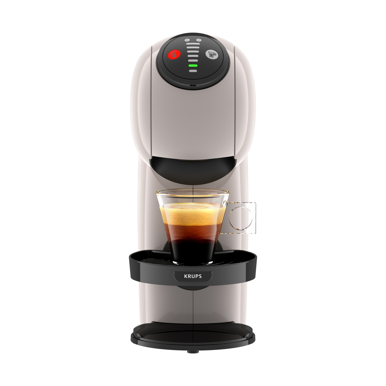 Una macchina da caffè Krups con un bicchiere di espresso. È beige, con dettagli neri e spie. L'espresso è scuro.